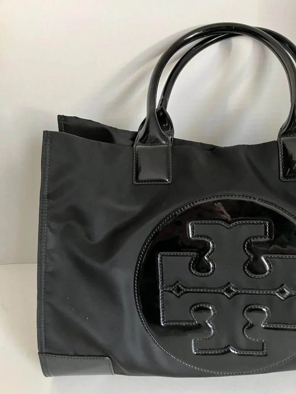 Tory Burch Black Ella Patent-Trim Nylon Tote Purse Large.